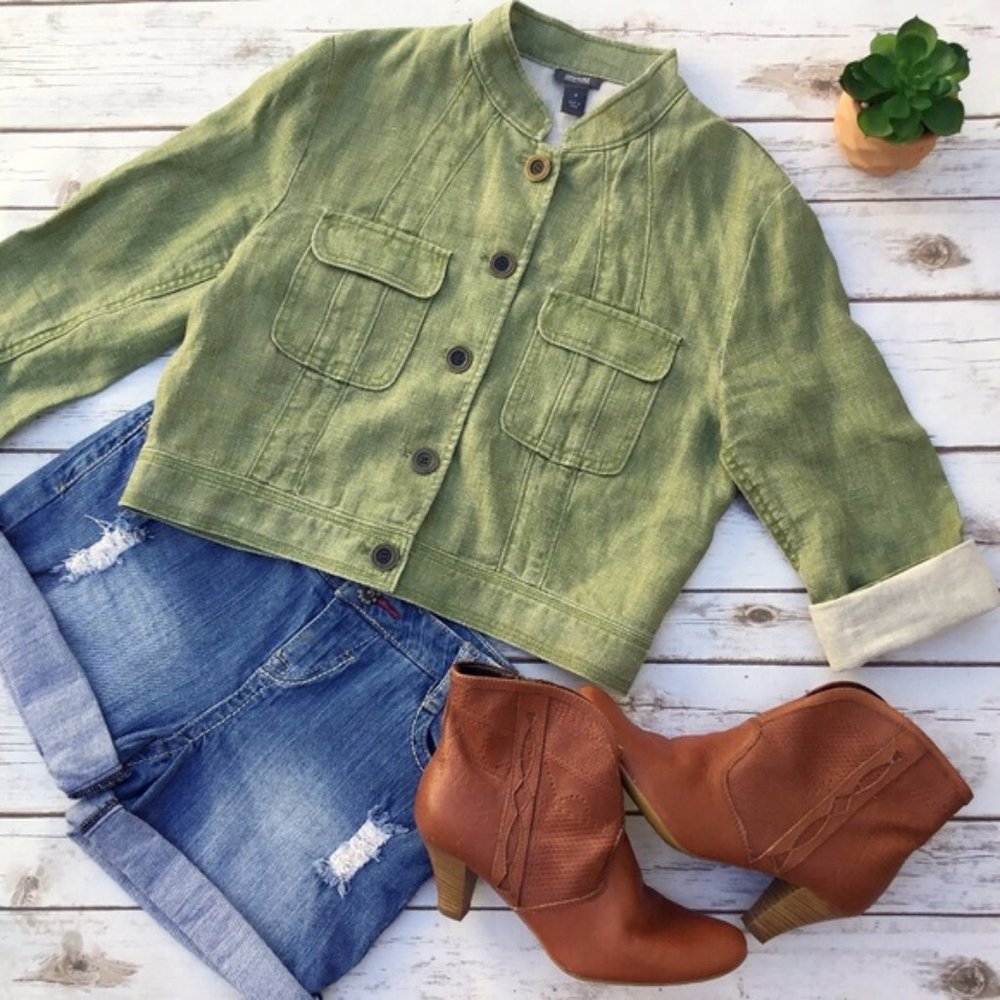 Kenneth Cole Reaction Green Cropped Linen Jacket - Picture 5 of 8